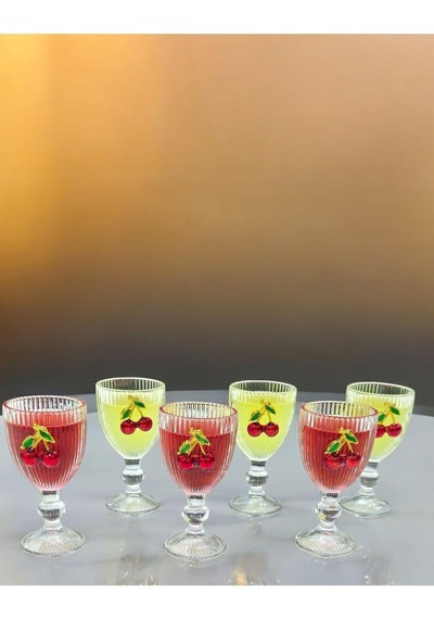 6 Lı Kristal Cam Kahve Yanı Bardağı Kiraz Bardak Kirazlı 75ml çok renkli