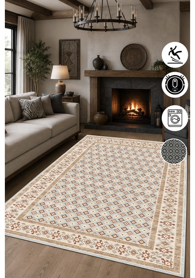 Kilim Desen Baskılı Kaymaz Yıkanabilir Salon Oturma Odası Mutfak Balkon Halısı Yolluk Kahverengi
