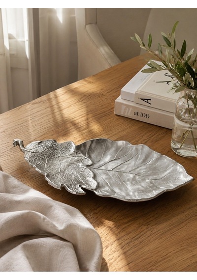 Krem Silver Yaprak Tabak Dekoratif Obje-7173