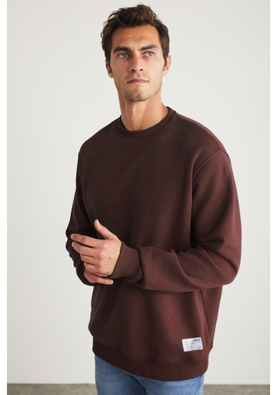 Grimelange Travıs Erkek Organik Kumaşlı Yumuşacık Regular Fit Yuvarlak Yakalı Koyu Kahverengi Sweats Koyu Kahverengi