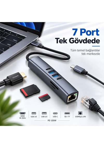 Woyax 7 İn 1 Type-c Usb Hub Çoklayıcı Dönüştürücü Converter 4k 30hz Hdmı 100w Pd Usb 3.0 Usb 2.0 Usb-c Sd/tf Kart Okuyucu 100 Mbps Ethernet Apple Uyumlu MacBook Laptop Tablet