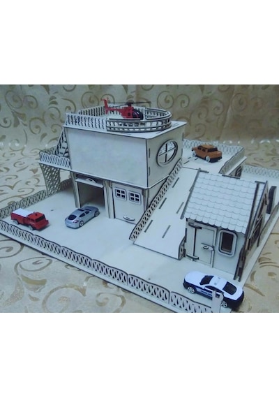Ahşap 3 Katlı Otopark ve Gaz İstasyonu Beyaz