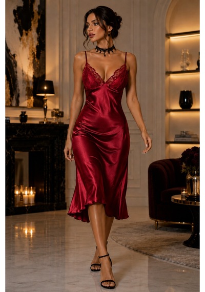 İnmera Bordo Dantel Detaylı Saten Gecelik Bordo - 900610338 Bordo