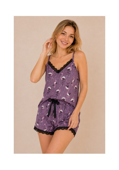 Rindahomewear Kadın İp Askılı Flamingo Desenli Pegasus Kumaş Şortlu Takım Çok Renkli