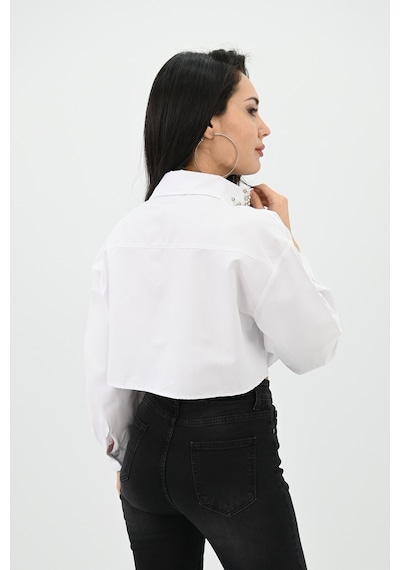 Koza Butik Kadın Yakası Taş Detaylı Crop Gömlek 1752-24 001