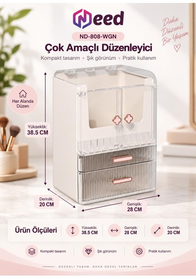 Need Yonca Kulplu Dolap Tasarımlı Çekmeceli Makyaj Ve Kozmetik Organizeri Beyaz / Pembe Kulp Nd-808-wpk
