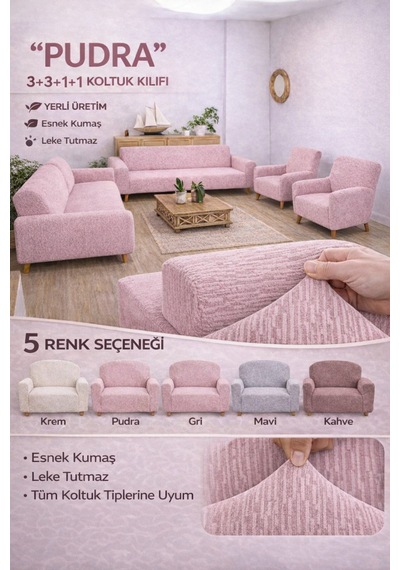 Jakarli 3+3+1+1 Lastikli Koltuk Kılıfı Esnek, Leke Tutmaz, Pudra - 815954100 Pudra