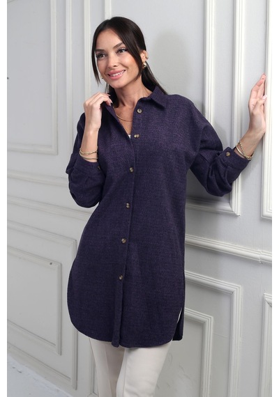 By Saygı Kadın Yanları Yırtmaçlı Kırçıllı Tunik Gömlek-42175 Mor