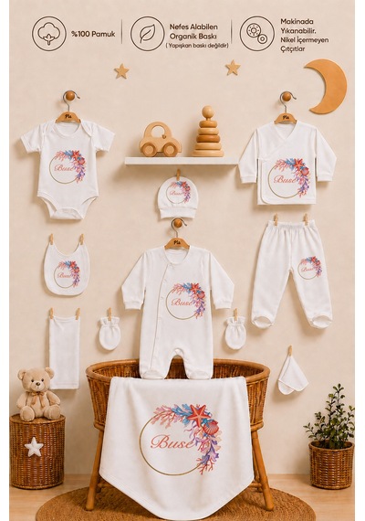 Pia Baby Kız Bebek Hastane Çıkışı 10 Parça %100 Pamuk Kişiye Özel İsimli Organik Baskılı Set 1037100x Ekru