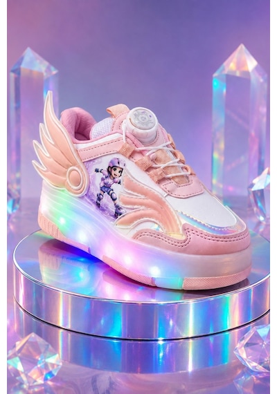 Muggo Wıngs Çocuk Kanat Detaylı Işıklı Patenli Tekerlekli Sneaker Spor Ayakkabı Pudra