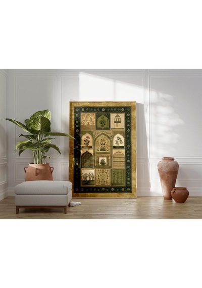 Farsça Botanik Panel Poster Yeşil İslami Duvar Sanatı Vintage Çiçekli Mimari İllüstrasyon