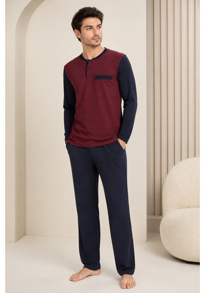 Loule Erkek Bordo Jakarlı Pamuk Penye Pijama Takımı Uzun Kollu