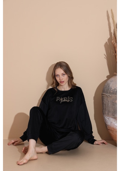 Lukitus Pamuklu Kadife Pijama Takımı Kadife01 Siyah