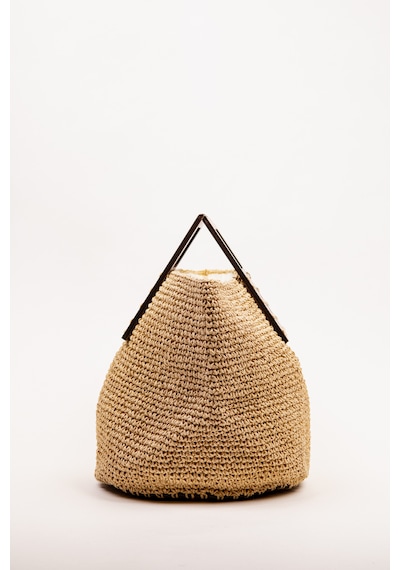 Fabric Craft Bag El Çantası Örgü Kağıt İp Ahşap Saplı Kadın Çanta 40x25 Cm Açık Kahverengi