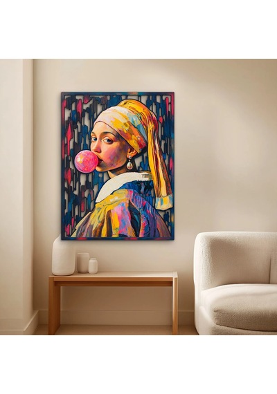 Balon Sakızlı İnci Küpeli Kız - Metal Tablo - Dec0391 38 X 50 Cm Çok Renkli