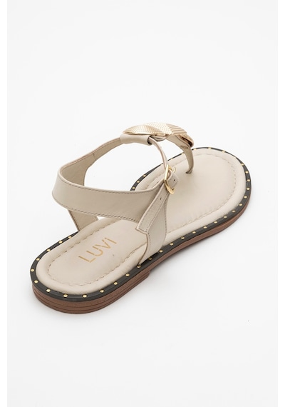 Luvishoes Luvi Shoes Helen Bej Hakiki Deri Parmak Arası Gold Tokalı Kadın Sandalet Bej