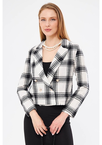 Armonika Kadın Ekru Kruvaze Yaka Tüvit Crop Ceket Arm-24k001014