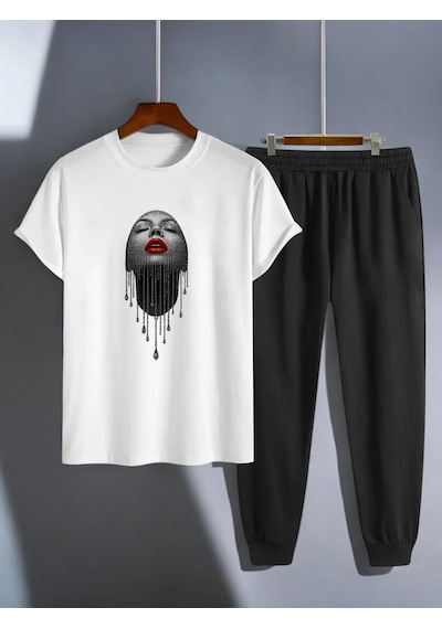 Uyguntarz Unisex Pırlantalı Kadın Portresi Tasarım Basklı Tshirt Eşofman Takımı Beyaz