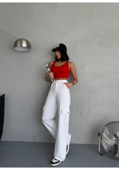 Gabardin Pantolon Wide-leg Fit Yüksek Bel Kargo Cepli Beyaz