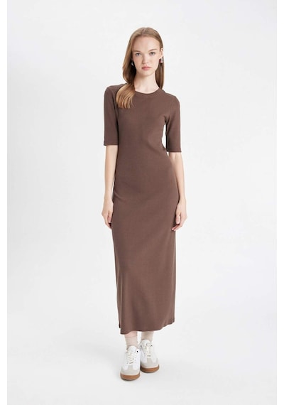 Defacto Bodycon Vücuda Oturan Bisiklet Yaka Basic Düz Fitilli Kaşkorse Kısa Kollu Maxi Elbise D8623AX24AUBN540