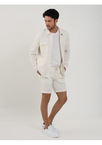 Dufy Ekru Erkek Slim Fit Çizgili Casual Short - 104661-Ekru