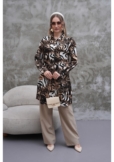 Polologin Butik Leopar Desenli Gömlek Tunik Kahverengi & Siyah & Beyaz Polologin Butik Leopar Desenli Gömlek Tunik Kahverengi & Siyah & Beyaz