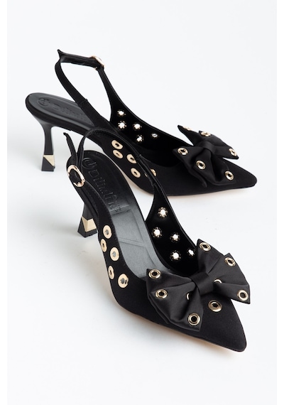 Kadın İnce Topuklu Stiletto Siyah Saten Fiyonklu-4689 Siyah