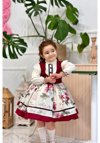 H L Y Karol Tasarım Krem Bordo Vintage Kız Bebek Elbisesi,doğum Günü,fotoğraf Çekim Elbise,0-10 Yaş Uygun KREM