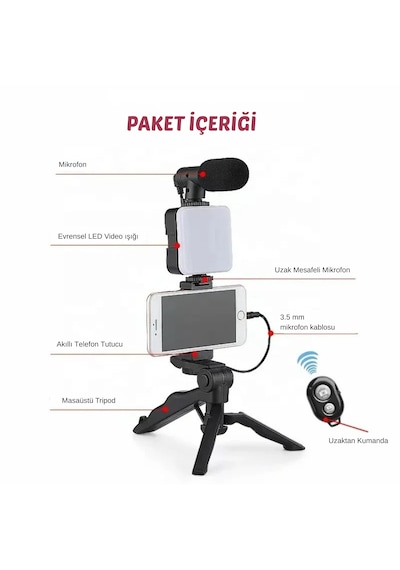 Hpytech Profesyonel Telefon Çekim Seti Tripod + Led Işık + Mikrofon Vlog, Youtube, Tiktok, Instagram Uyumlu