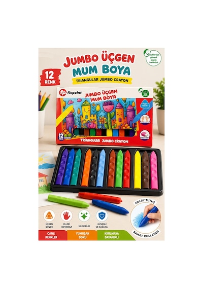 Jumbo Üçgen Mum Boya 12 Li 1 Paket Fixpoint 12 Renk Üçgen Mumboya Elleri Kirletmeyen Yıkanabilir Silinebilir Karton Kutu Çok Renkli