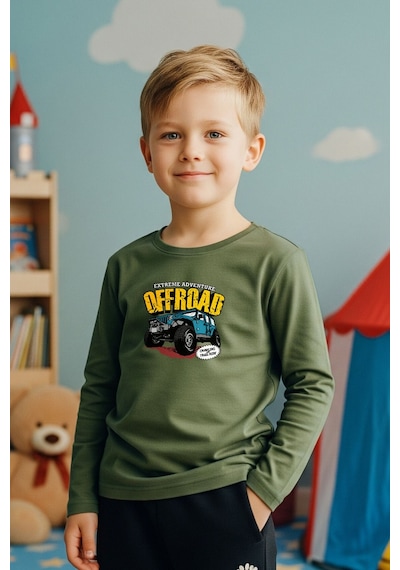 Fyk Kids Sıfır Yaka Off Road Baskılı Erkek Çocuk Sweatshirt Haki