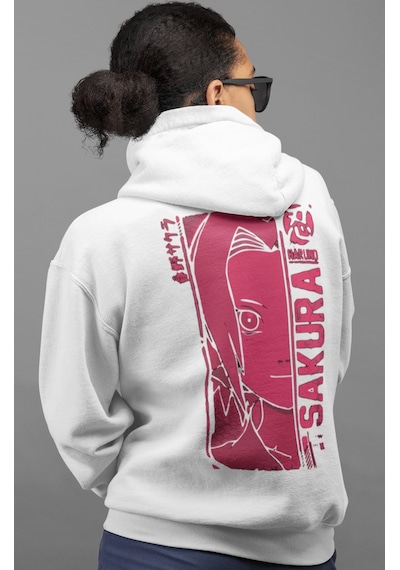 Sevbano Sakura Haruno Naruto Anime Sırt Baskılı Unisex Oversize Penye Hoo beyaz