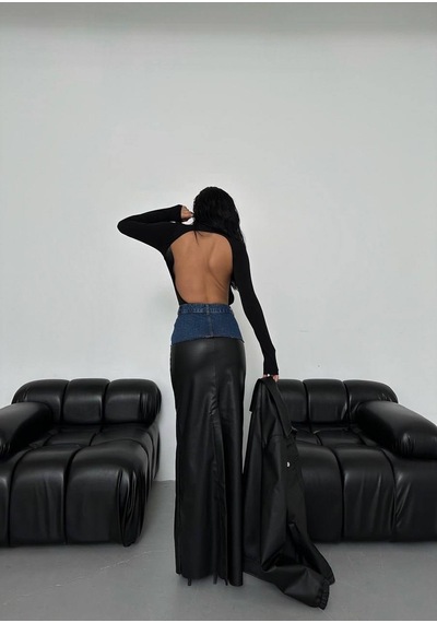 Herton Çift Dokulu Denim Deri Mix Maxi Etek - Belden Kot Detaylı Deri Etek ÇoK Renkli