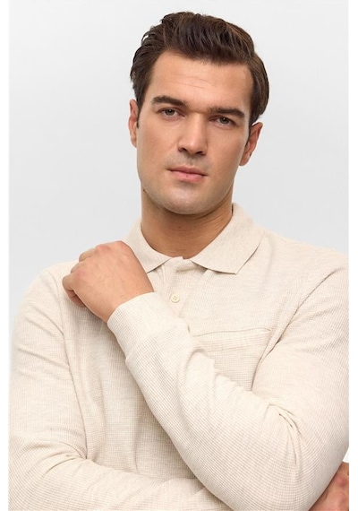 Süvari Bej Regular Armürlü Polo Yaka Sweatshirt Bej