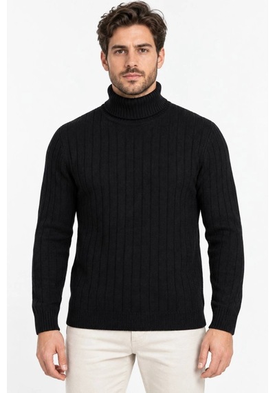 Moda Erkek Balıkçı Yaka Tam Boğazlı Kalın Fitilli Regular Fit Triko Kazak - Siyah Çok Renkli