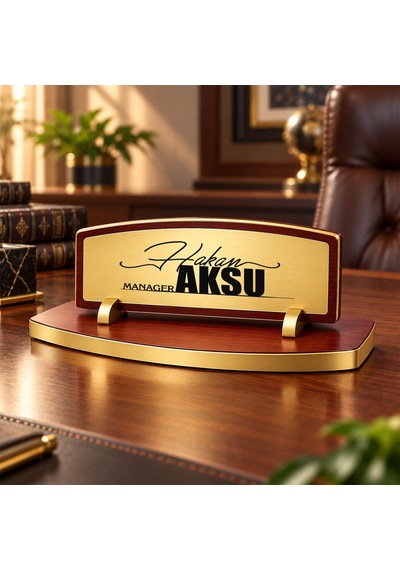 Bk Gift Kişiye Özel Ahşap Masa İsimliği Gold Plakalı Bk27 -4 Çok Renkli