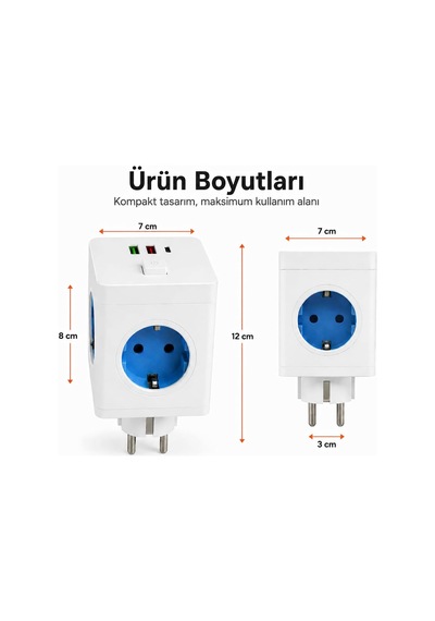 4'lü Akıllı Duvar Prizi 2 Usb 1 Type-c Girişli Akım Korumalı Anahtarlı Çoklu Priz Küp Usb Şarjlı Topraklamal 0