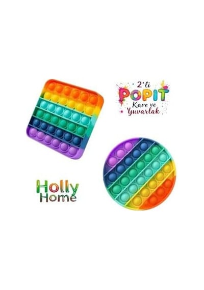 2'li Pop It Kare- Yuvarlak Şekilli Gökkuşağı Renk Duyusal Oyuncak Zihinsel Gelişim Stres Popit 2 Ad