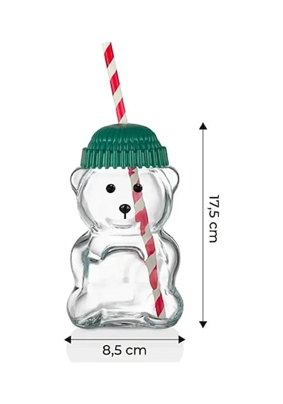 2li Ayıcık Tasarım Cam Pipetli Soğuk İçecek Kahve Bardağı Yeşil Şapkalı Bear Bardak 550ml Barista Şefaf