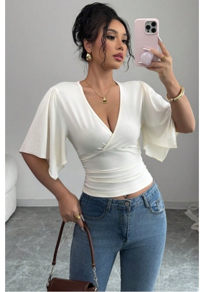 Kadın Kruvaze Yaka Yarasa Kol Likralı Şık T-shirt Beyaz
