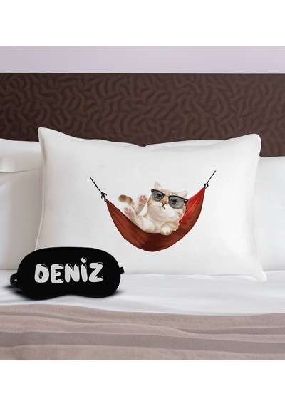 Bk Gift Kişiye Özel Eğlenceli Kedi Tasarrımlı Pamuklu Yastık Kılıfı Ve Göz Bandı Uyku Seti-1, Tasarım Ev Tekstili, Uyku Bandı, Ev Hediyesi