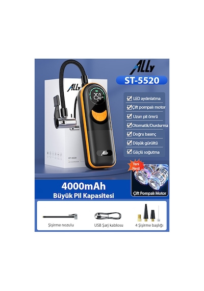 Ally St-5520 Dijital Basınç Göstergeli Oto Lastik Şişirme Pompası Hava Kompresörü