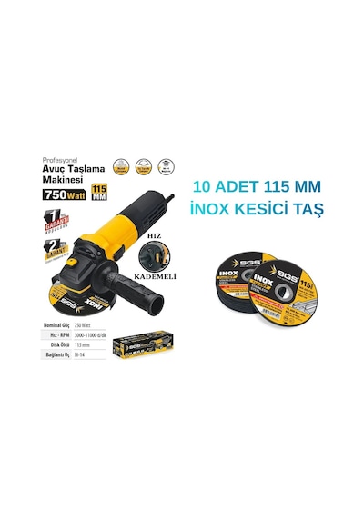 Sgs 5111 Avuç Taşlama 115 MM 750W Devir Ayarlı + Sgs İnox 115 MM Kesici Taş 10 Adet