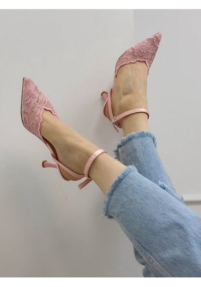 Ervanın Butiği Şeker Pembe Dantel Vusuel Nakışlı Arka Bant Detaylı Kadın Stiletto-6250