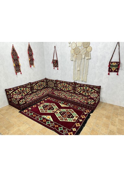 Coton Şark Köşesi Bordo Yörük Desen Minder Takımı 14 Parça