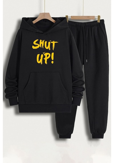 Uyguntarz Unisex Shut Up Baskılı Eşofman Takımı Siyah
