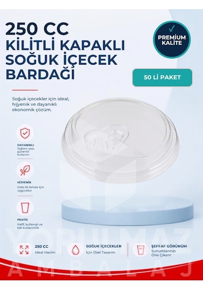 250 Cc Kilitli Kapaklı Plastik Bardak 50 Adet Şeffaf Soğuk İçecek Bardağı Sızdırmaz Kullan At Bardak Diğer