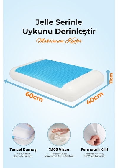 Viscofoam Lüks Terletmeyen Ortopedik Yastık Serinleten Visco Yastık Jelli Yastık 60x40x11cm