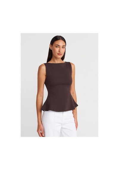 Dilvin 21001 Kayık Yaka Peplum Top-koyu Kahve