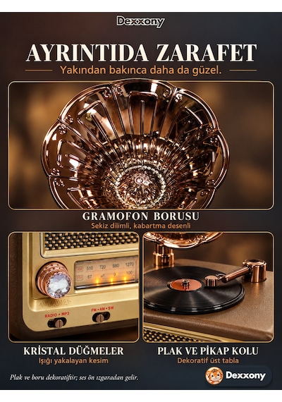 Dexxony Dx-2527 Kahve Nostaljik Radyo Gramofon Görünümlü Büyük Boy Şarjlı Bluetooth Hoparlör Fm Usb